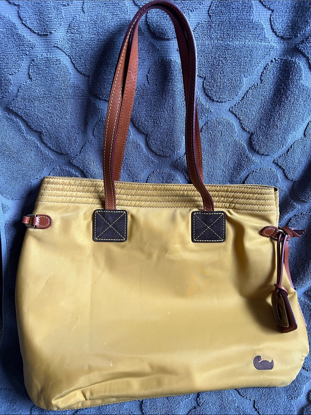 Dooney & Bourke Mustard Yellow Nylon Victoria Tote Bag with Brown Trim